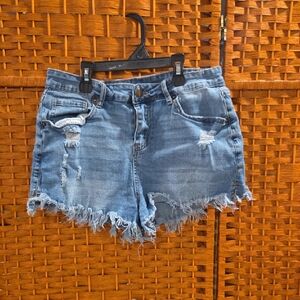 Frayed Hem Blue Denim Shorts